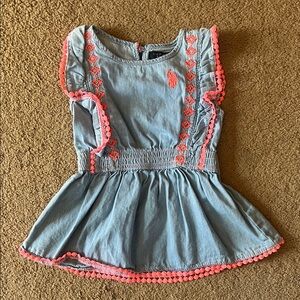 Ralph Lauren Light Blue Denim-Style Peplum Top with Pink-orangish Trim